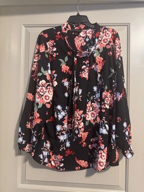 Lane Bryant Black Floral Tie-Neck Blouse with Coral & Blue Blooms